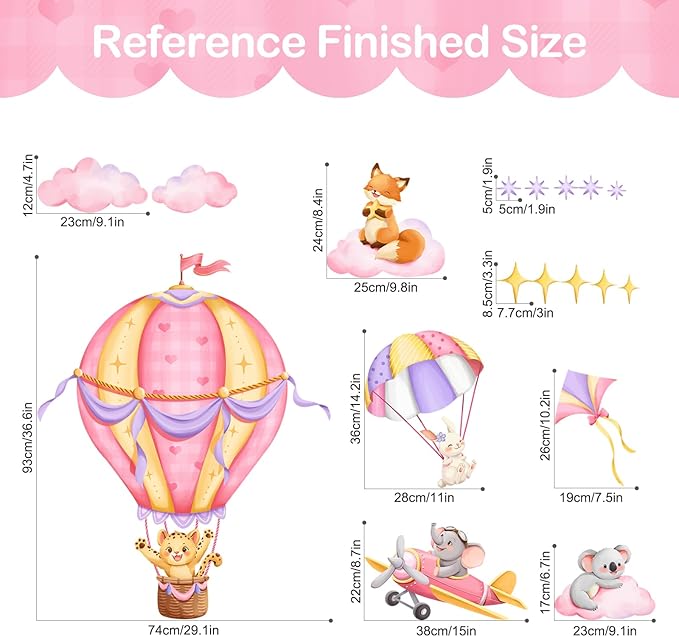 Tanlaby Pink Hot Air Balloon Wall Stickers Jungle Animals Fox Leopard Elephant Wall Decals Peel and Stick Art Decor for Baby Nursery Kids Bedroom Playroom Daycare Classroom