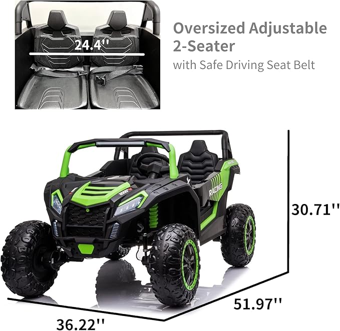 POSTACK 220lbs XXXL 24V Ride on Toy for Big Kids, 2 Seater Battery Powered Electric Toy Car for Kids, Ride On Car with Parent Remote Control, 4WD Side by Side Ride on Power 4 Wheeler UTV Truck, Green