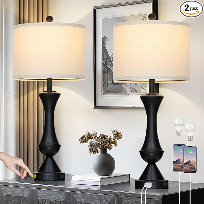 luxeflow 29" Black Tall Table Lamps for Living Room, Touch Control Bedroom Lamp with USB A+C Ports, 3-Way Dimmable Bedside Table Lamps Set of 2, Modern Metal Lamp for Nightstand