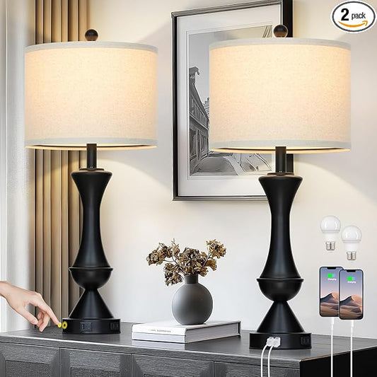 luxeflow 29" Black Tall Table Lamps for Living Room, Touch Control Bedroom Lamp with USB A+C Ports, 3-Way Dimmable Bedside Table Lamps Set of 2, Modern Metal Lamp for Nightstand