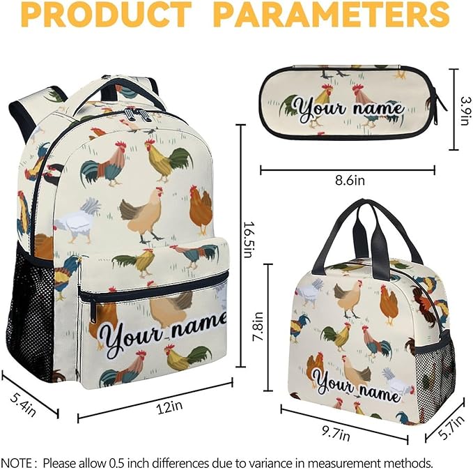 COOPASIA Personalized Chicken Backpack with Lunch Box and Pencil Case, 16 Inch Chicken Theme Bookbag with Adjustable Straps, Durable, Lightweight, Large Capacity, School Backpack for Girls Women