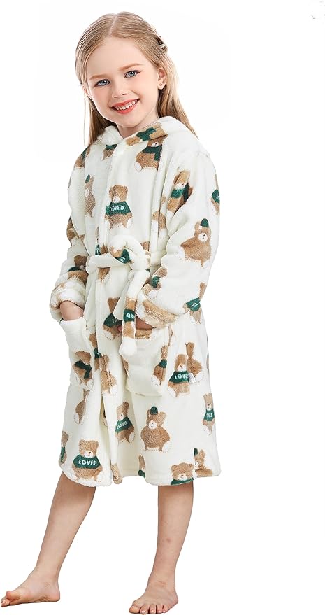 Toddler Robes Cute Pattern Bathrobe Unisex Kids Robe Baby Flannel Hoodie Pajamas Sleepwear