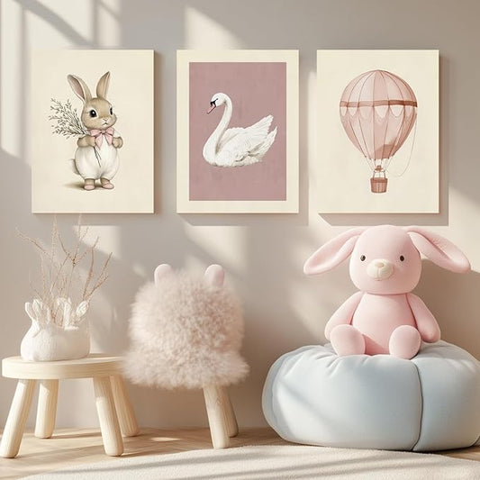 Hianan Pink Baby Girl Nursery Wall Decor Cute Bunny Wall Art Cozy Rabbit Canvas Artwork Elegant Swan Poster Prints Vintage Hot Air Balloon Painting Prints for Kid's Room Baby Room Framed 12"x16"x3