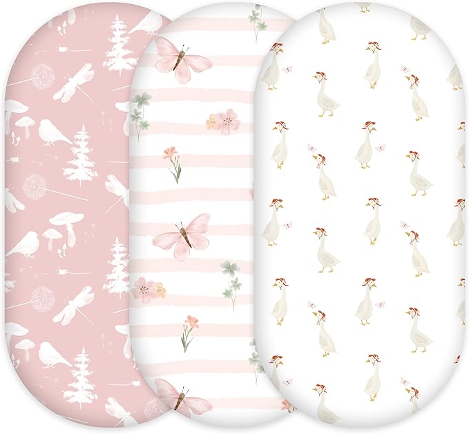 3-Pack Organic Bassinet Sheets for Girls Stretch, Soft Cozy Fitted Bassinet Mattress Sheet (32" x 16") Universal Fit for Hourglass, Oval, & Rectangle Mattresses Pink Butterfly