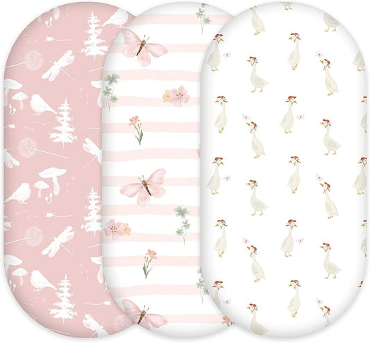 3-Pack Organic Bassinet Sheets for Girls Stretch, Soft Cozy Fitted Bassinet Mattress Sheet (32" x 16") Universal Fit for Hourglass, Oval, & Rectangle Mattresses Pink Butterfly