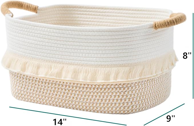 BUBUSUN Storage Bins Woven Baskets for Storage Set of 3, Cotton Rope Basket with Handles for Toys/Shelves/Laundry, Rectangle Multi-Purpose Organizer for Living Room, Bedroom, Nursery (White/Brown)