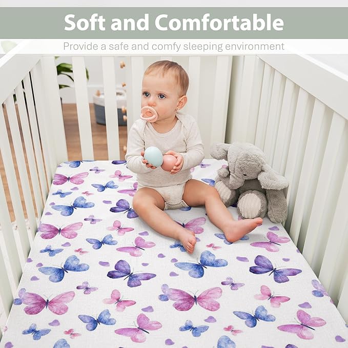 Purple and Pink Butterflies Baby Crib Sheets for Boy Girl 52x28 Watercolor Butterflies Soft Stretchy Fitted Crib Mattress Cover Colorful Butterflies Baby Sheet for Standard Crib and Toddler Mattress