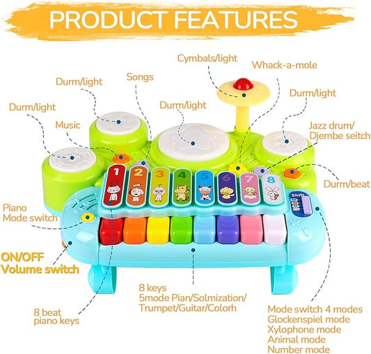 Baby Musical Toys 3 in 1 Piano Keyboard Xylophone Drum Set for 1 Year Old Girls Boys Toys Age 2 Music Instrument Learning Toys Toddlers 1-3 0-2 First Birthday Gift Infant Baby Toys 6 9 12 18 Month