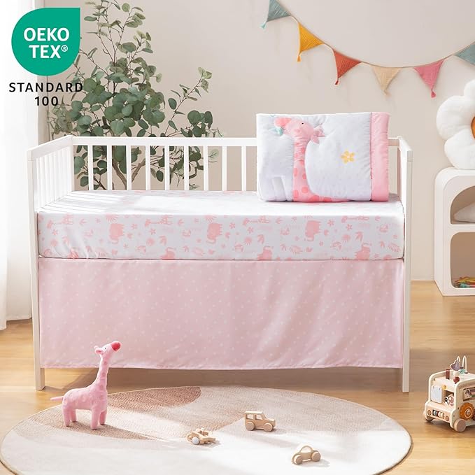 4-Piece Crib Bedding Set for Baby Boys Girls, Infant Toddler Nursery Baby Bedding Sets Includes Cartoon Quilt, Fitted Crib Sheet, Crib Skirt and Plush Giraffe Toy