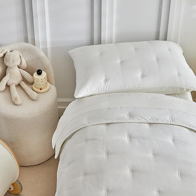 DuShow White 4 Piece Toddler Bedding Set for Boys Girls,Embroidery Microfiber Crib Bed Sheets Set Soft Boho Comforter Set Bed in a Bag, Include Quilted Comforter,Flat Sheet,Fitted Sheet,Pillowcase