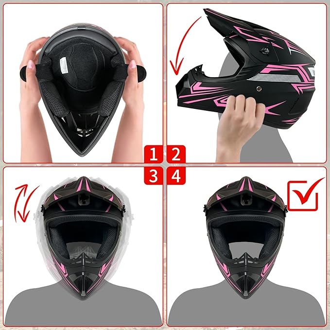 Youth Kids Motocross Helmet, Adult ATV Dirt Bike Helmet with Goggles Gloves & Mask Quick, Full Face Motorcycle Helmet with Quick Release Buckle DOT Certified