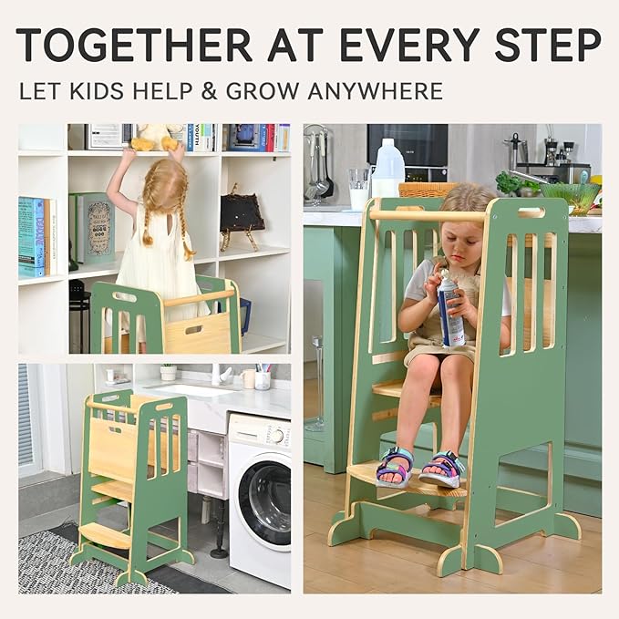 WINGYZ Toddler Tower – Adjustable Step Stool Helper for Kids 18M–6Y, Kitchen Learning Stool with Safety Rail, 3-Height Adjustable, Sliding Door, Full Support Foot, Wooden Updated Design, Green