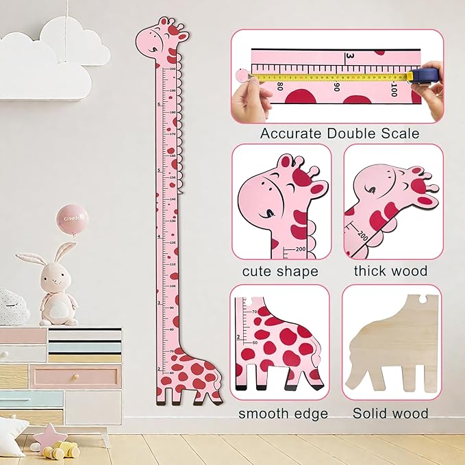 Wooden Growth Chart for Kids,Giraffe Height Chart for Boy Girls,Measuring Board for Kids Height,for Child's Room,Nursery Decor Decoration Wall Art (Pink Giraffe)