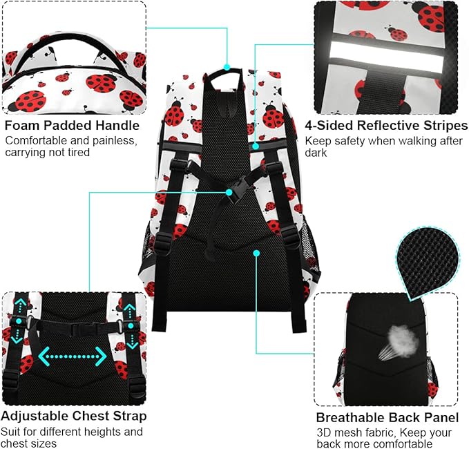 MNSRUU School Backpack with Chest Strap, Cute Red Ladybug Laptop Backpack, Travel Hiking Backpack for Boys Girls, Rucksack, Knapsack One Size