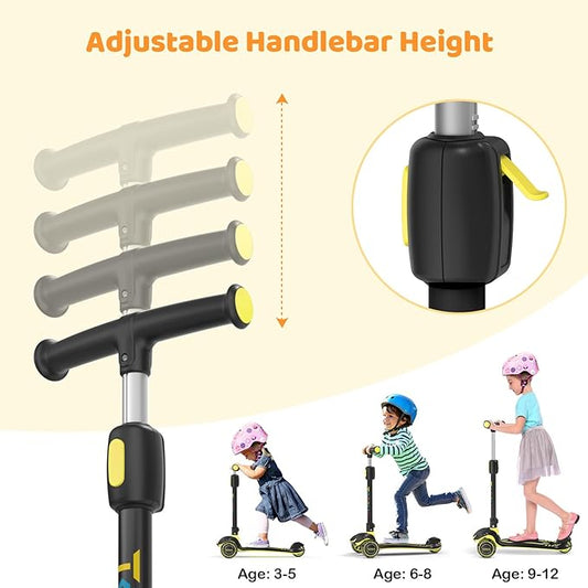 TONBUX Kids Scooter, Light Up 3 Wheel Kick Scooters for Kids 3-12, Folding Scooters with Adjustable Height - Toddler Scooter Lean-to-Steer & Widen Anti-Slip Deck