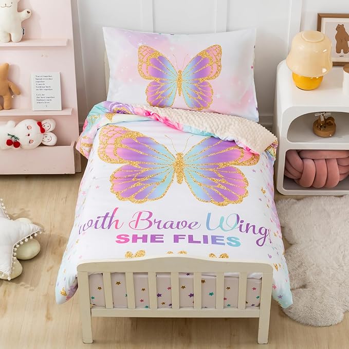 PINNKKU 4-Piece Toddler Bedding Set, Includes 1 Flat Sheet, 1 Fitted Sheet, 1 Comforter and 1 Reversible Pillowcase, Standard Toddler Comforter & Sheet Set, Ultra Soft Toddler Bed Set, Butterfly