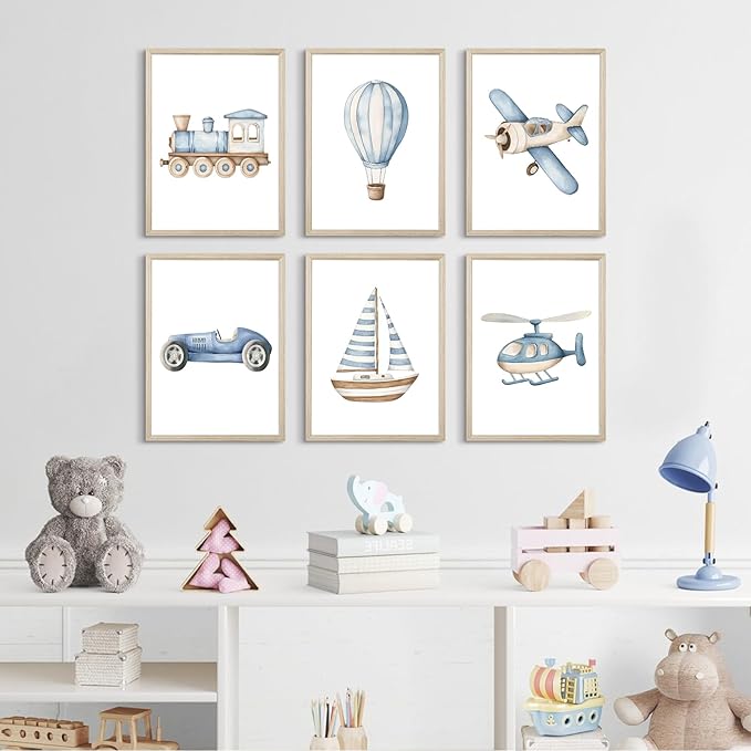 Baby Boy Nursery Wall Art Transportation Blue Car Canvas Prints Vintage Toddler Vehicle Pictures Decor Hot Air Balloon Airplane Nursery Poster for Kids Boys Room Bedroom 8x10x6 Inch Framed