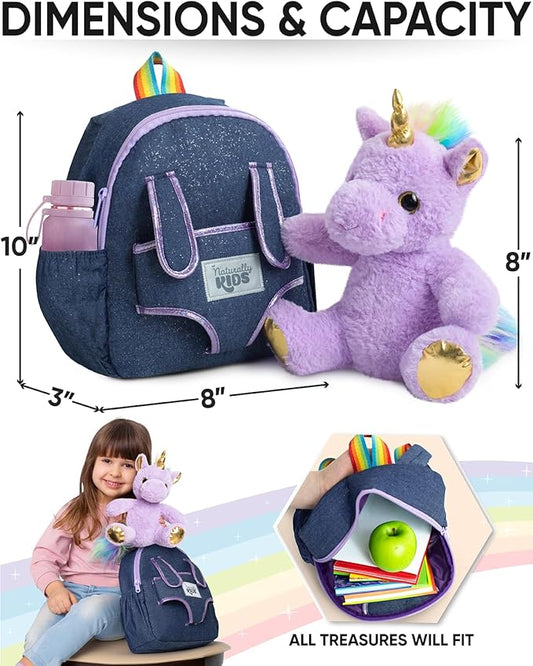 Naturally KIDS 【Upgraded】 Toddler Backpack w Removable Purple Unicorn Toy for Girls Age 2-6 | Side&Inner Pockets, Reflective Logo, Sparkling Material | Christmas Gift for 4 year old Girl
