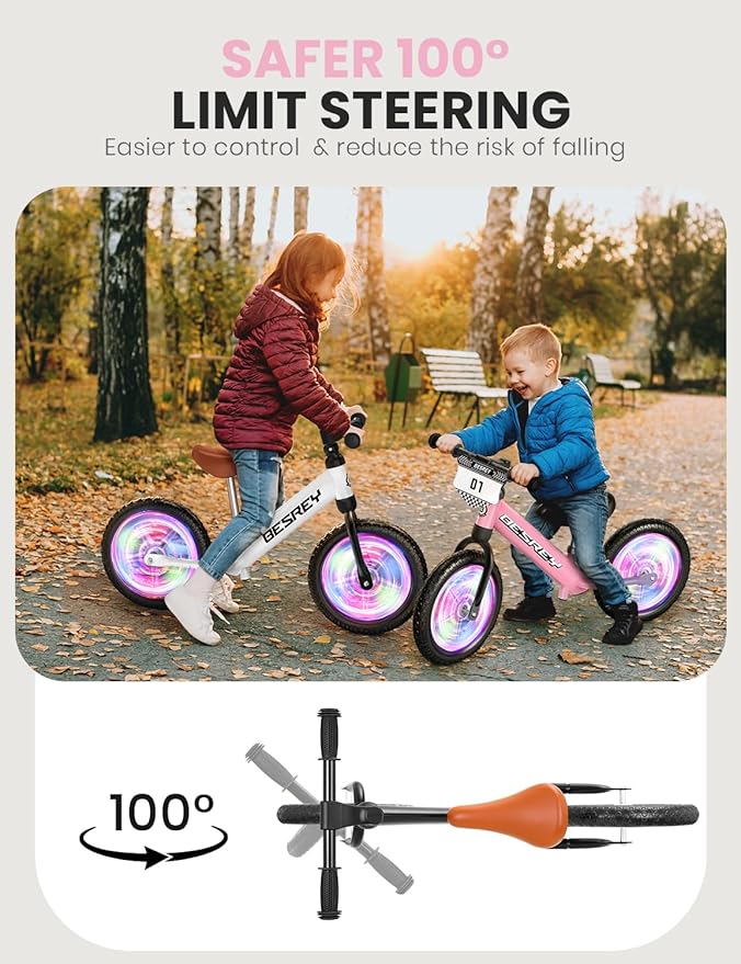 besrey Toddler Balance Bike 2 Year Old: Sturdy All-Metal Frame + 12" Auto-Light Wheels & Bonus 4 Stickers + Customize Plate, Toddler Bike with Adjustable Seat for Kids 2-5 Gift Bike for Boys Girls