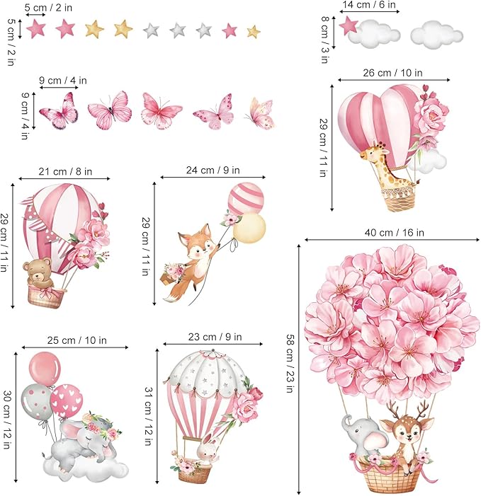 decalmile Pink Hot Air Balloon Animal Wall Decals Flowers Balloons Elephant Deer Fox Wall Stickers Girls Room Baby Nursery Kids Bedroom Wall Decor