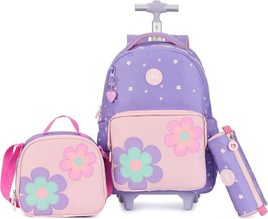 kingdisen Rolling Backpack for Girls Backpack with Wheels Kids Cute Carry on Backpack with Lunch Box Pencil Case for Elementary Student Teen Girls Luggage (TWO FLOWERS PURPLE)