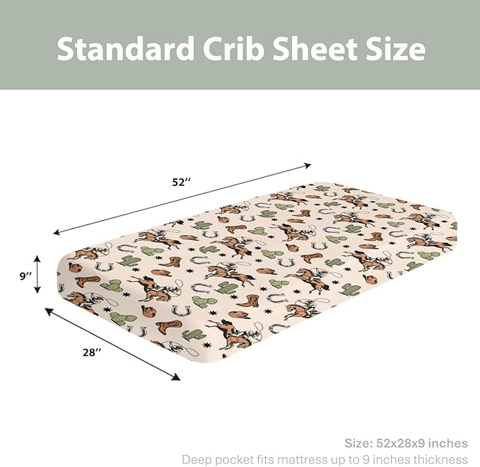 Country Western Baby Crib Sheets for Boy Girl 52x28Inch Cowboy Hat Boots Horse Cactus Soft Snug Fitted Crib Mattress Covers Wild West Desert Baby Sheet for Standard Crib & Toddler Bed Mattresses
