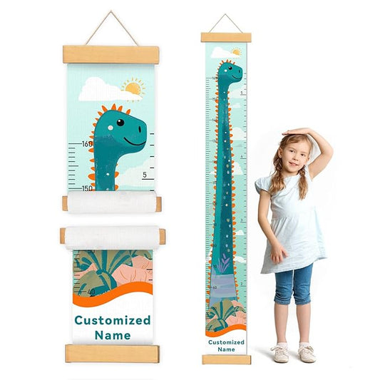 Woodemon Personalized Name Growth Chart for Kids, Cute Dinosaur Baby Height Chart, Canvas Height Measuring Rulers for Boys Girls, Nursery Decor Baby Boy Girl Growth Ruler Measuring Board