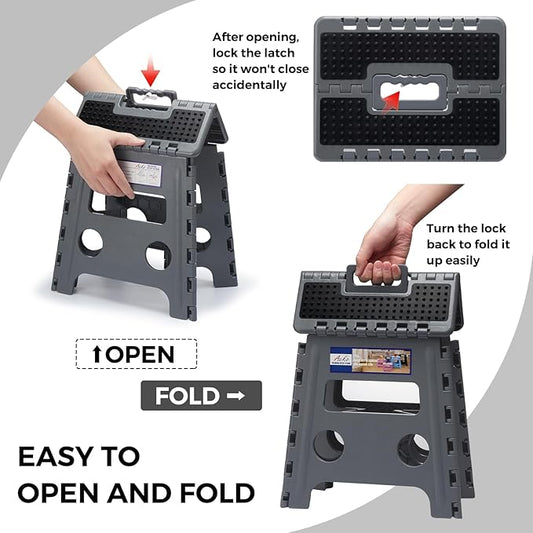 ACKO Folding Step Stool 13 inch Height Premium Heavy Duty Foldable Step Stools for Adults and Kids, Kitchen Plastic Small Collapsible Stepping Stool Hold Up to 300 LB Dot Grey (1 Pack)