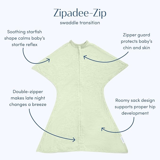 SleepingBaby Zipadee-Zip Transition Swaddle - Cozy Baby Swaddling Blanket with Zipper Convenience - Roomy Wearable Blanket for Easy Diaper Changes - 3-6 Month - Zen Garden Green Heather