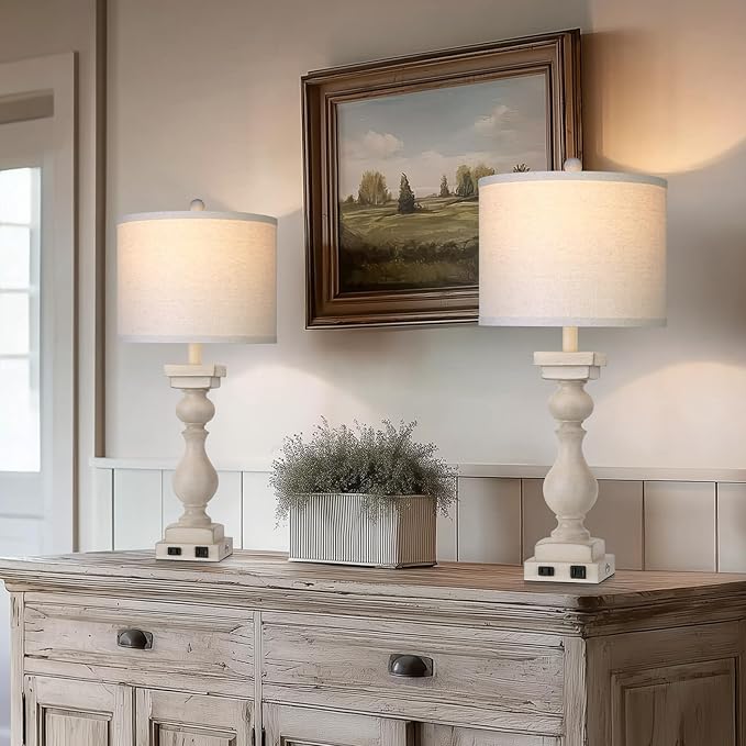 MOUVOVO 28" Tall Farmhouse Table Lamps Set of 2 with USB C+A Ports and AC Outlet, 3 Way Touch Tall Rustic Bedside Lamps for Living Room, Cream Vintage Lamps for Bedroom