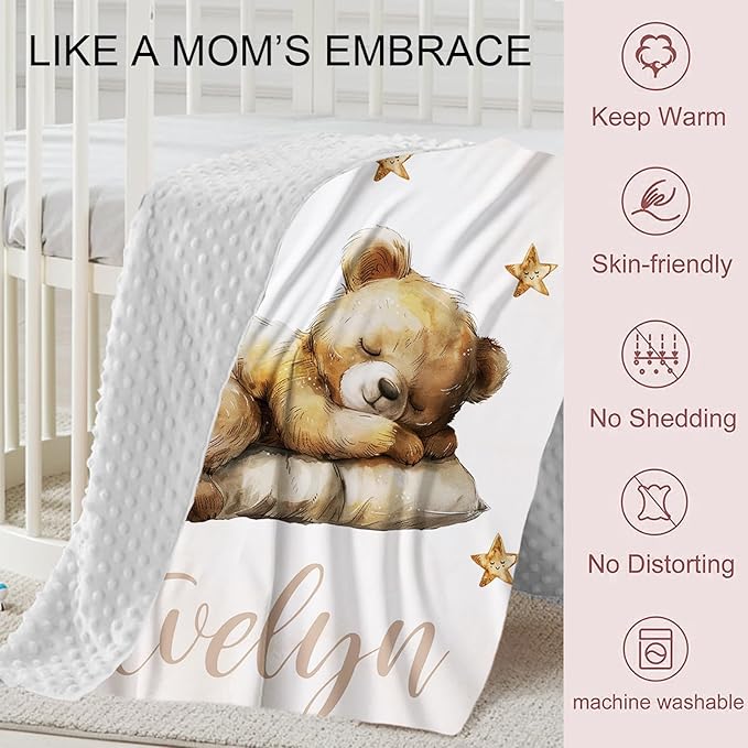 Personalized Baby Crib Bedding Set, Custom Name Star Bear Theme Baby Bedding 2-Pcs Set - Soft Double Layer Dotted Blanket and Fitted Sheet, Nursery Bedding for Newborn Boys Girls, Perfect Shower Gift