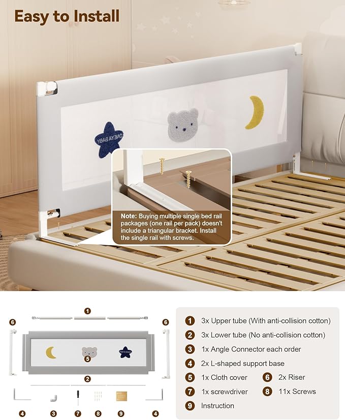 Baby Bed Rail Guard for Toddlers, Reinforced 74.8in Toddler Bed Rails for Twin, Full, King Bed with Height Adjustable, Extral Tall Child Safety Side Railing Guards/Bedrail for Kids, Grey Star, 1 Side