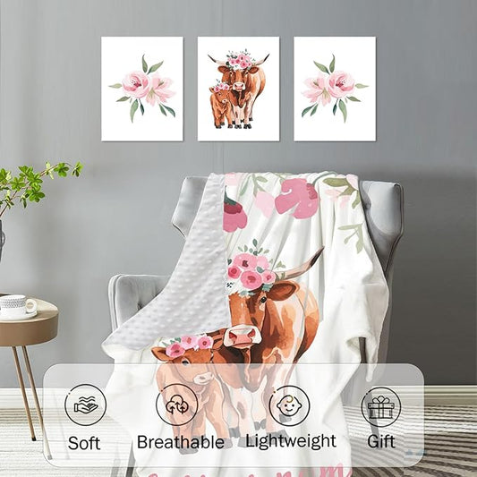 Personalized Baby Crib Bedding Set: 4 Piece Custom Pink Flowered Highland Cow Crib Bed Set with Name, Nursery Bedding Set for Baby Girls, Newborn Boys Crib Sets, Crib Bedding Custom Gift, Crib Sheet