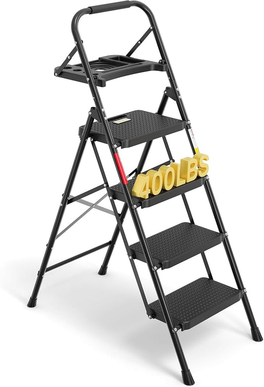 BONTEC 4-Step Ladder, 400lbs Max Load, Folding Step Stool with Tool Tray, Anti-Slip Pedals, Sturdy Steel, Lightweight Portable Ladder with Handrail for Home & Work Use, Black