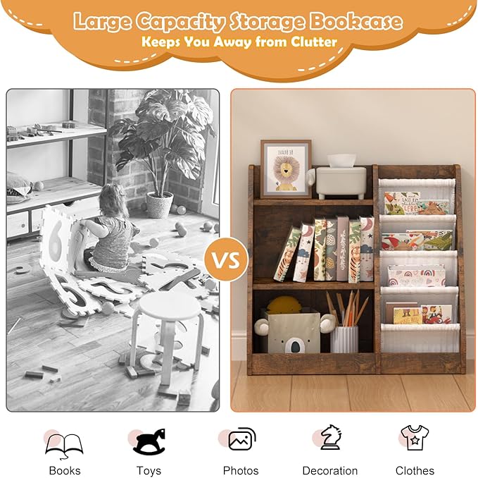 HedoAjim Kids Bookshelf for Bedroom Toddler Children Baby Bookcase 3-Tier for Nursery Book Toy Storage Organizer 4 Sling Adjustable Display Shelf Book Rack Wood Classroom Playroom Rustic Brown