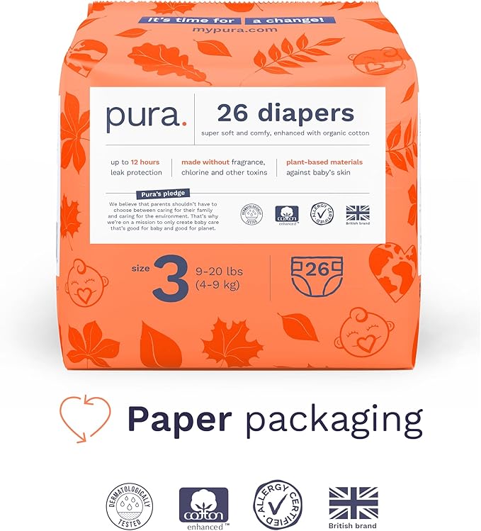 Pura Size 3 Eco-Friendly Diapers, Totally Chlorine Free, Hypoallergenic, Soft Organic Cotton, Sustainable, up to 12 Hours Leak Protection, Allergy UK, 26 Count (Pack of 1)