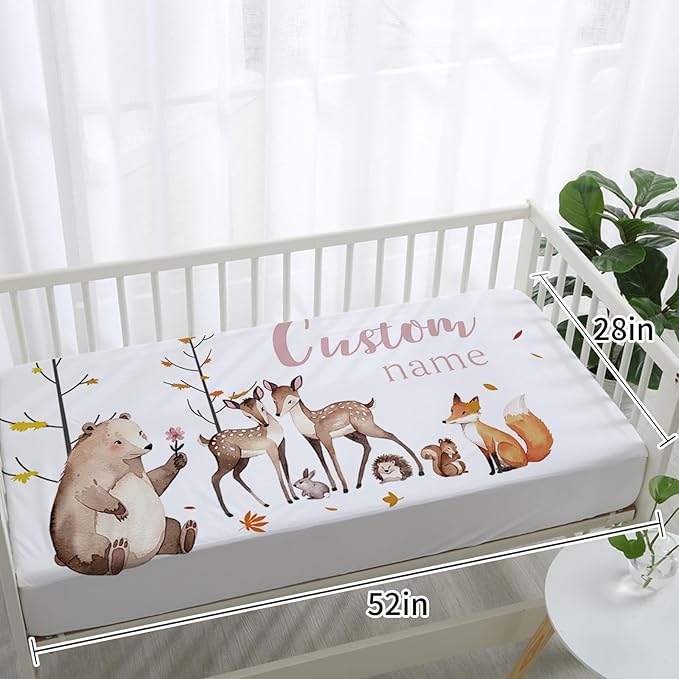 Custom Baby Crib Bedding Set,Personalized Name Fox Sika Deer Pattern Nursery Bed Set 4 Piece,Baby Blanket Fitted Sheet Nursery Rug Wall Art Set,Custom Room Decor Idea Gift for Newborns Boys Girls