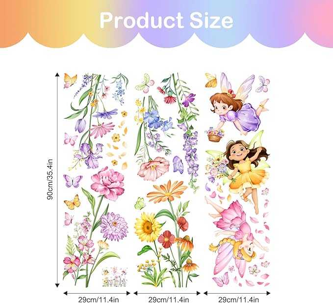 Tanlaby Flower Fairy Wall Decals Butterfly Girl with Wildflower Sunflower Wall Stickers Elves Wall Art Decor for Girl Baby Nursery Kids Bedroom Living Room