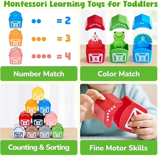 JoyCat Learning Toys for 1,2,3 Year Old Toddlers, 20Pcs Farm Animals Box, Finger Puppets for Kid, Montessori Counting, Matching & Sorting Fine Motor Games, Christmas Birthday Gift for Baby Boys Girls