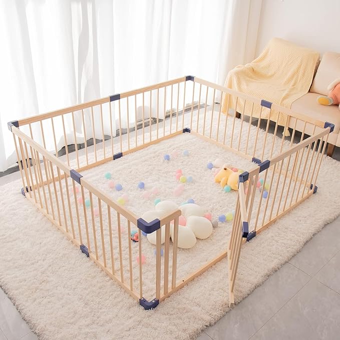 Wooden Baby Playpen Activity Center, Foldable Playpen for Babies and Toddlers, Large Baby Fence Play Area with Safety Gate for Indoor Use, Corrales para Bebes, Kids Safety, 63.00"x 70.90"x24"