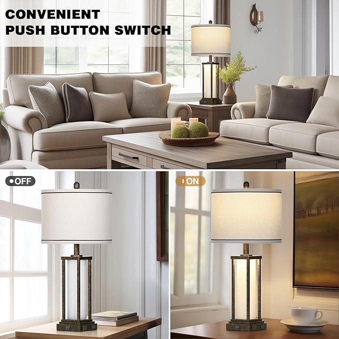 Cinkeda 27" Tall Vintage Table Lamp with USB C+A & Outlet,Bronze Industrial End Table Lamp for Living Room,Farmhouse Rustic Bedside Lamp with Frosted Glass Night Light for Bedroom Nightstand,Bronze-1P