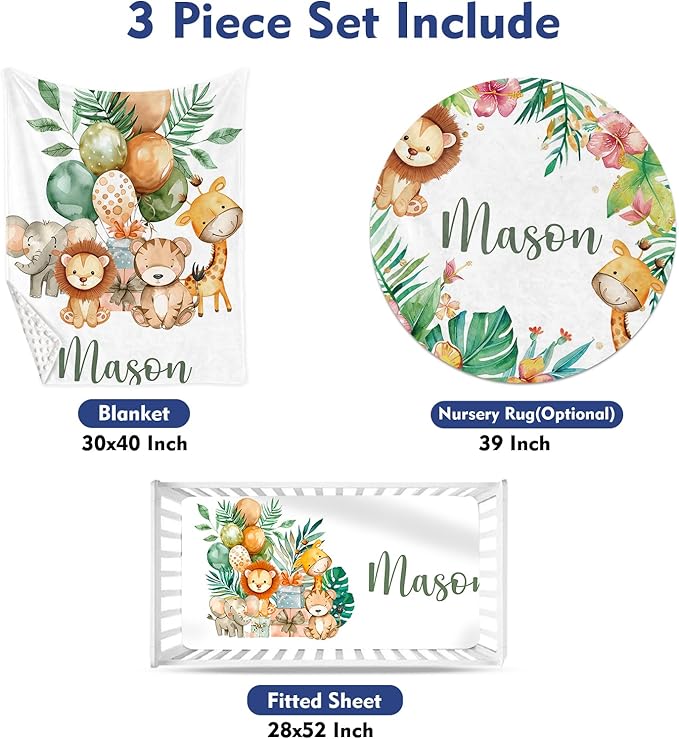 Custom Baby Crib Bedding Set, Personalized Name Lion Giraffe Design Crib Set 3 Pcs, Soft Double Layer Blanket, Crib Sheet & Room Rug, Ideal Nursery Decor Gift for Baby Girls Boys