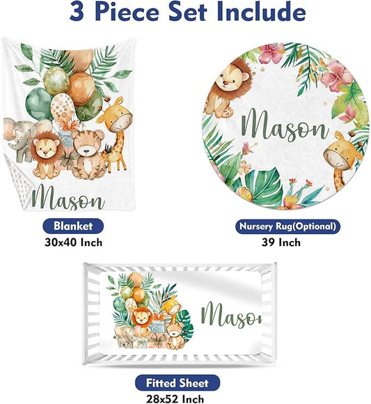 Custom Baby Crib Bedding Set, Personalized Name Lion Giraffe Design Crib Set 3 Pcs, Soft Double Layer Blanket, Crib Sheet & Room Rug, Ideal Nursery Decor Gift for Baby Girls Boys
