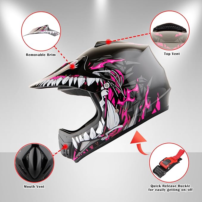 WOW Youth Kids Motocross BMX MX ATV Dirt Bike Dianosour Helmet Dragon + Goggles + Martian Youth Glove Bundle: HJOY MG Bundle