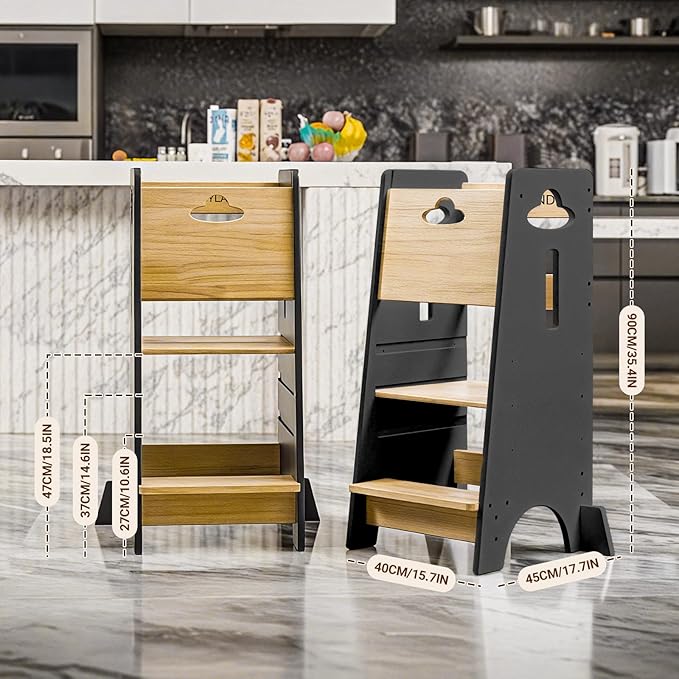 COSYLAND Toddler Standing Tower Adjustable Height - Super Stable Toddler Kitchen Stool Helper with Protive Panel - 3 Levels Adjustable Wooden Kitchen Stool for Kids (Natural & Dark Gray)