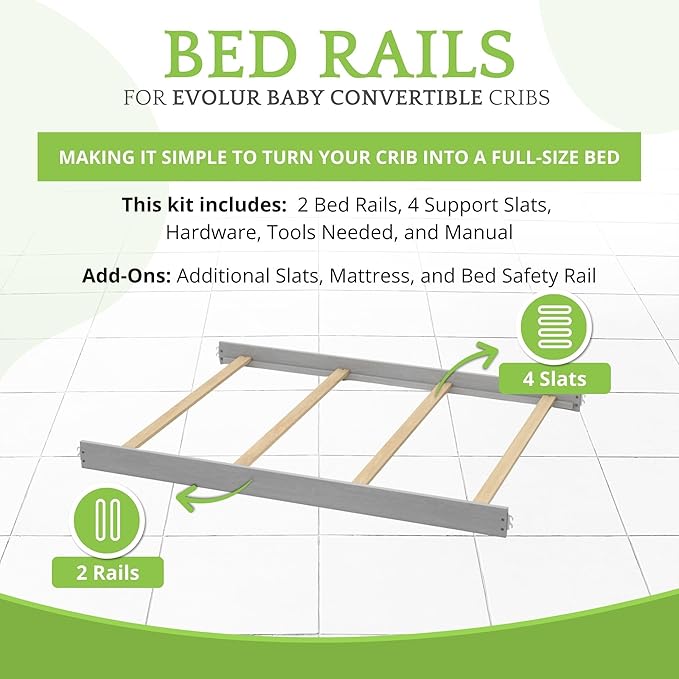 Full-Size Conversion Kit Bed Rails for Evolur Cribs - Solid Wood Crib Convertible Kit to Kids Bed - Transitional Style Rails & Easy-to-Install Child Essentials for Safety (Imperial Grey)