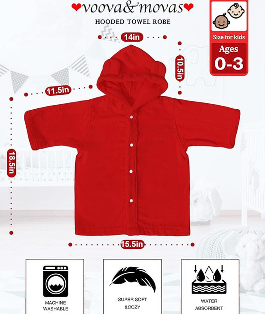 VOOVA & MOVAS Baby Hooded Towel with Bear Ear, 0-3Years | 100% Cotton, Ultra-Soft & Absorbent | Gentle for Sensitive Skin, Bath, Pool & Beach Towel | Newborn (Red)