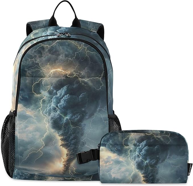 Jucciaco Lightning Tornado Grey Backpack with Lunch Bag, School Travel Backpack for Teens Boys Girls Backpacks Set