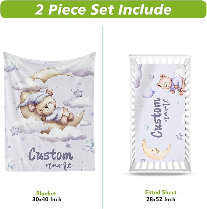 Personalized Baby Crib Bedding Set, Custom Name Moon Bear Baby Bedding 2-Pcs Set - Soft Double Layer Dotted Blanket and Fitted Sheet, Nursery Bedding for Newborn Boys Girls, Perfect Shower Gift