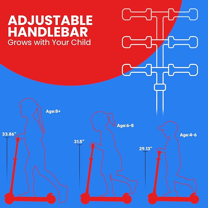 Dribbl 3-Wheel Kids Scooter - Lean-to-Steer Technology, Adjustable Height Handlebar, Anti-Slip Deck, Scooter for Boys & Girls Ages 3+, Child Safety Approved, Support Riders Up To 165 lbs, Red and Blue